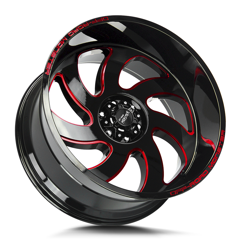 The M07 Wheel by Off Road Monster in Gloss Black Candy Red Milled