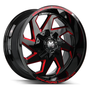 The M09 Wheel by Off Road Monster in Gloss Black Candy Red Milled