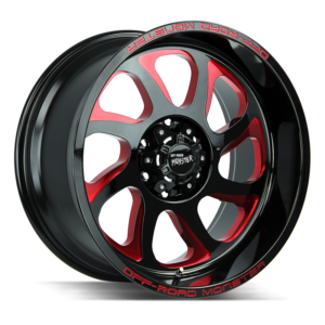 The M22 Wheel by Off Road Monster in Gloss Black Candy Red Milled