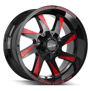 The M80 Wheel by Off Road Monster in Gloss Black Candy Red Milled