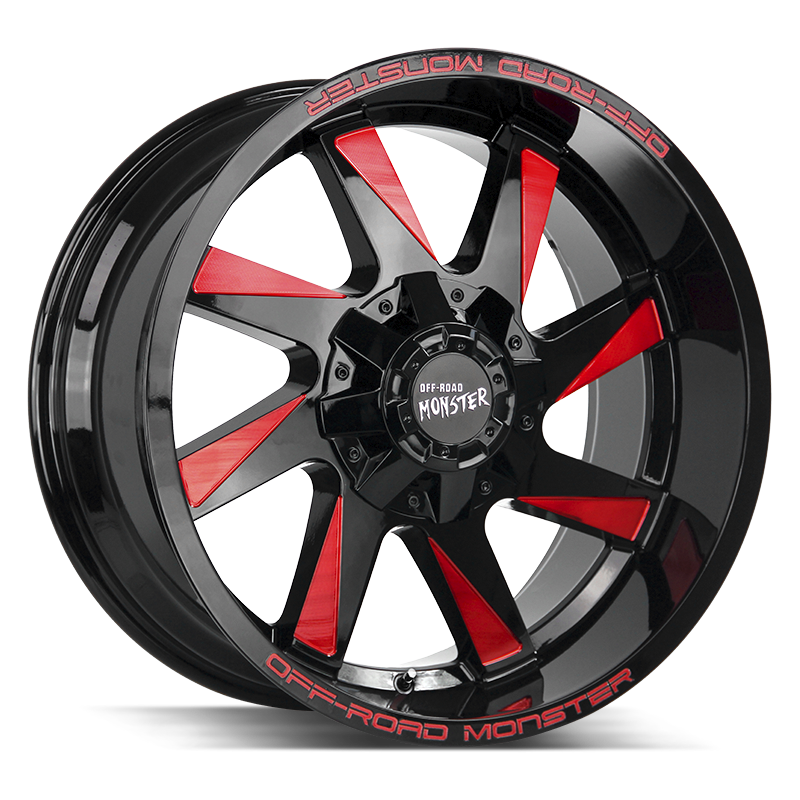 The M80 Wheel by Off Road Monster in Gloss Black Candy Red Milled